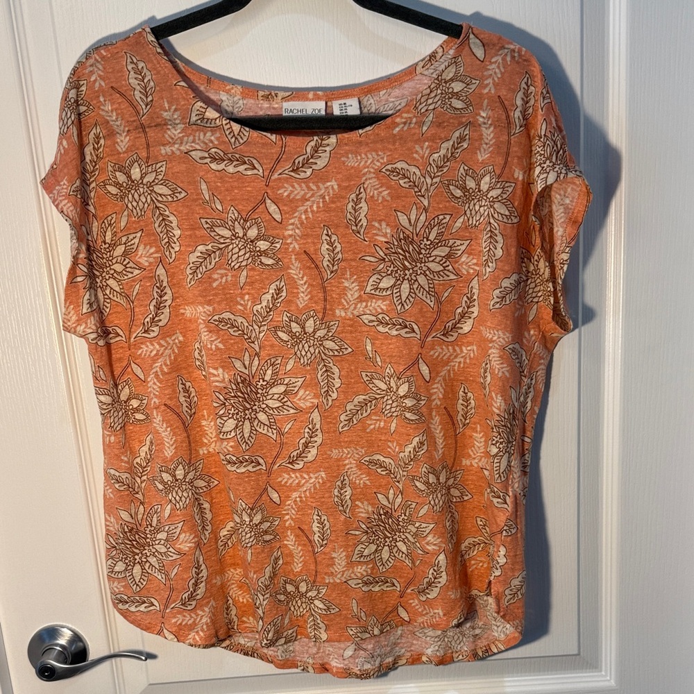 Rachel Zoe Orange and Cream Floral Short Sleeve Top Linen Size XL